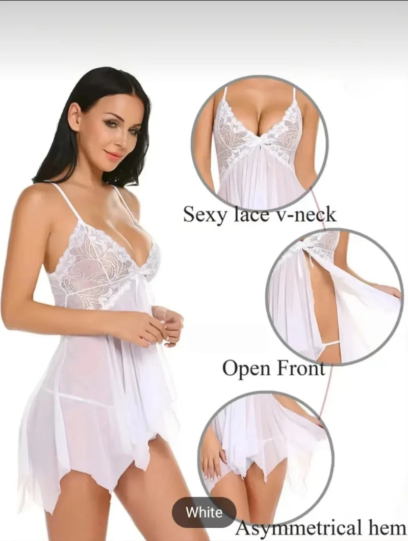 the BABY DOLL - Sexy Crotchless Lingerie Women Lace Hollow Bra Set Erotic Costumes Teddy Baby Doll Dress Deep V Open Bra Underwear Set