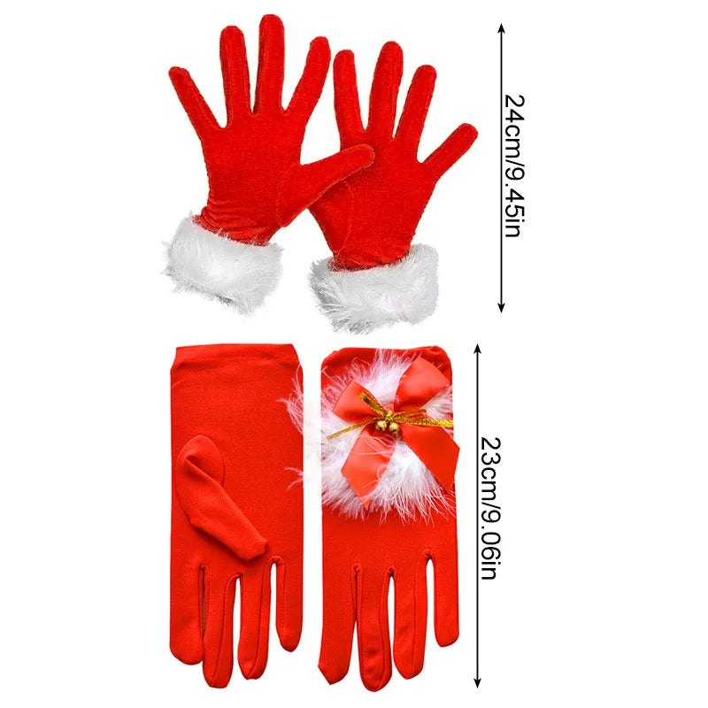 the SANTA GLOVES - 1 Pair Christmas Red Gloves Women Plush Bow Short Santa Claus Full Finger Gloves Stretch Mittens Fancy Dress Party Xmas Gloves