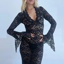 the LACE LUNCH DATE - Lace Transparent Sexy Hollow Out Maxi Dress, Elegant Outfits Women Flare Sleeve V-Neck Party/Club Dresses