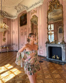 the ELEGANT ROSE - Chiffon Ruffle Dress for Women, Fashion Print Mini A-Line Holiday Party Dresses, Summer Sexy Backless Strapless Dress