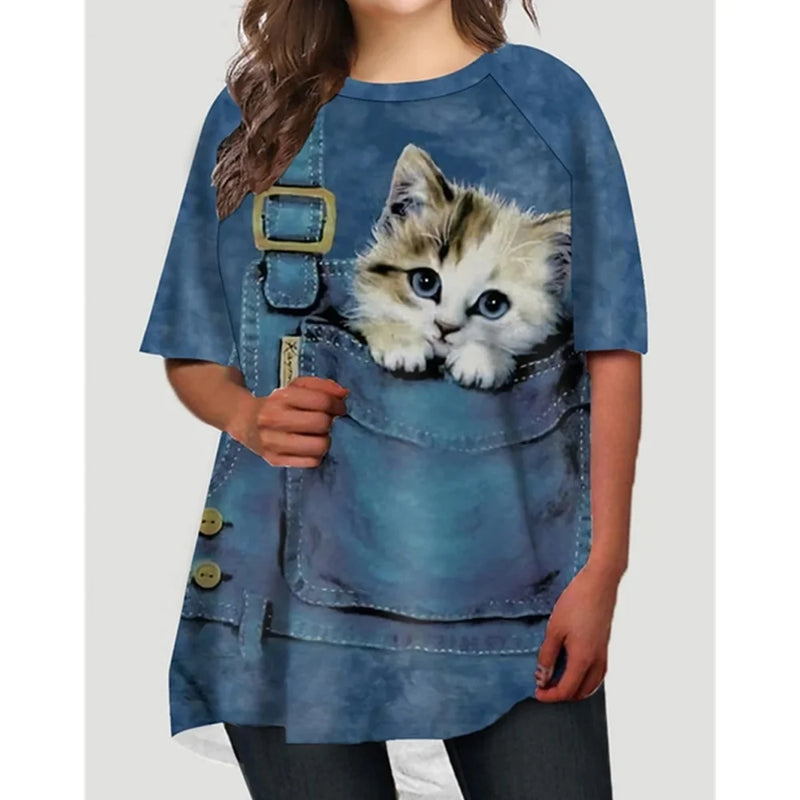 the CAT LOVER - Oversized 3D Print Cat Graphic Loose Streetwear O-Neck Short Sleeves T-Shirts for Women