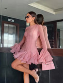 the EVENING ORCHID - Fashion Ruffles Edge Single Breasted Women's Dress, Fashion Long Lantern Sleeve High Waist Mini Dresses