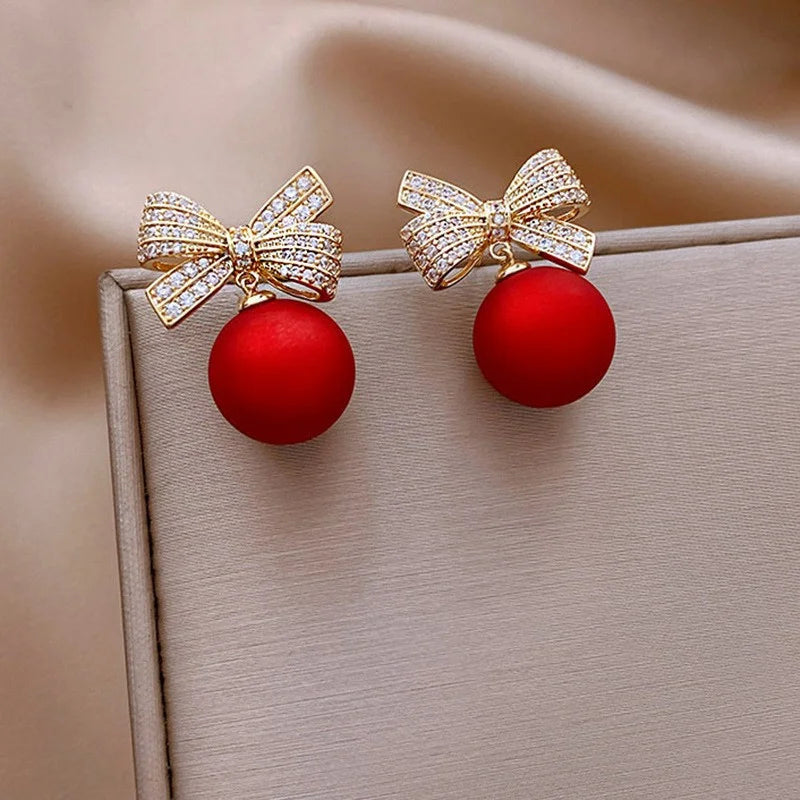 the SWEETHEART -  Ball Crystal Drop Earrings Elegant Pearl Bow Knot Stud Earrings Girl Christmas Jewelry Xmas Party Gift