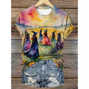 the WITCH'S CAT - Cute Cat Pumpkin 3D Printed Short Sleeves Summer Leisure Tees O-Neck T-Shirts, Halloween Witch Pattern T-Shirts for Women