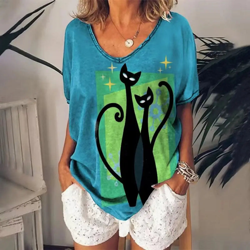 the JAZZ CATS - Cartoon Cat Print Summer Short Sleeve V-Neck Fashion Casual T-Shirts for Women