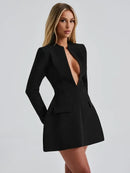 the MORGAN - Elegant Deep V-Neck A-Line Blazer Dress Long Sleeve High Waist Tunic Short Evening Party Dress