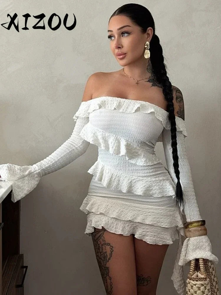 the DESIREE - Sexy Off Shoulder Pleated Ruffle Bandage Mini Dress