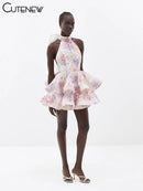 the DIXIE PIXIE - Halter Lace Up Sweet Women Mini Dress, Sexy Backless Ruffle Stacked A-Line Bodycon Female Fashion Princess Party Dress