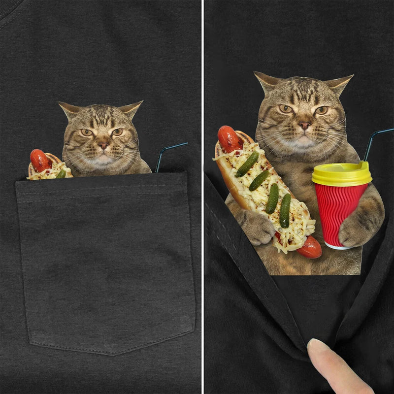 CLOOCL Funny Cats T-Shirts Cheese Hotdog Buns Coffee Printed Pocket Cotton T-shirt Summer Women Clothing Short Sleeve Shirts