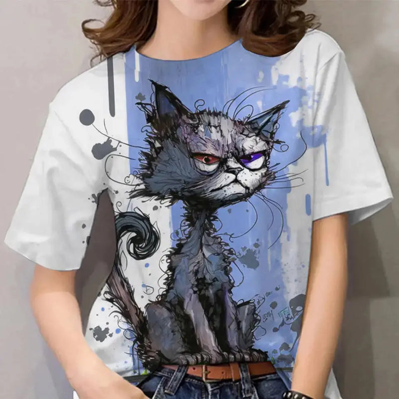 the GRUMPY CAT - Cat 3D Print Casual Short Sleeve Crew Neck Pullover Oversized Fashion Streetwear T-Shirts for Women