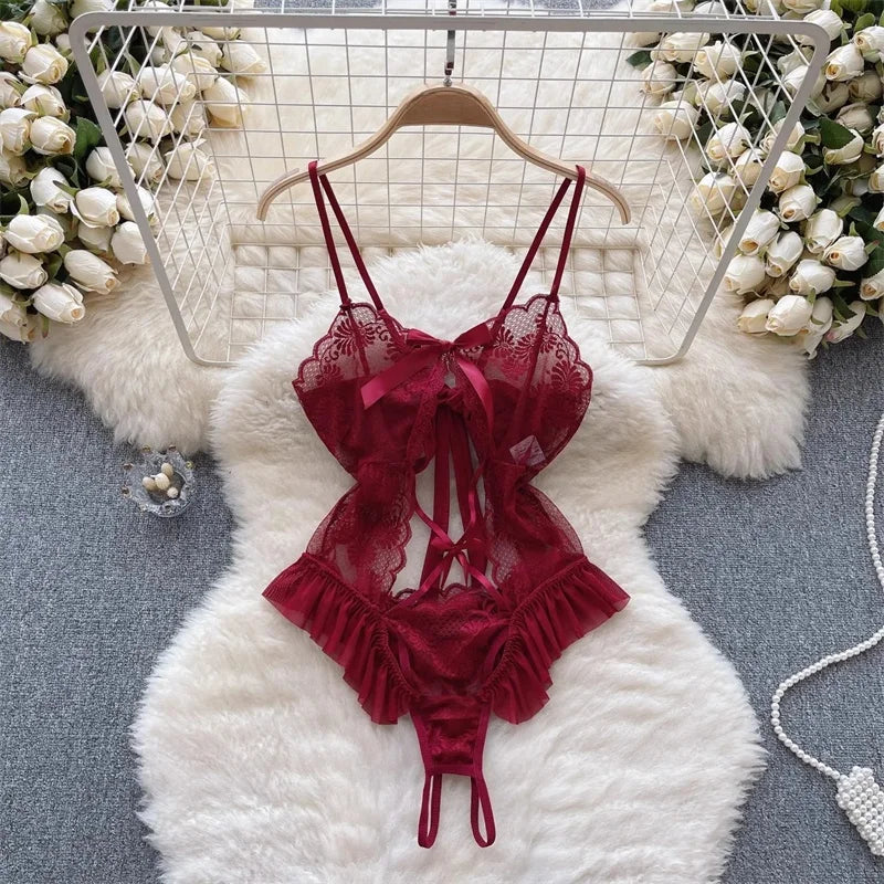 the SECRET SANTA - Christmas Red Top Sexy Patchwork Bodysuit Cosplay Erotic Lingerie Winter Strap Pajamas Nightwear