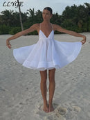 the BEACH BARBIE - Beach Backless Short Puffy Sling Dress, Women Sexy Lace Up Sleeveless A-Line Dresses, Summer Lady Vacation Seaside Solid Dress