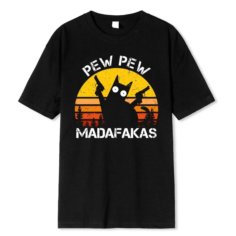 the PEW PEW CAT - Pew Pew Madafakas Cat with Two Guns Printing Casual Graphic Breathable T-Shirts for Women