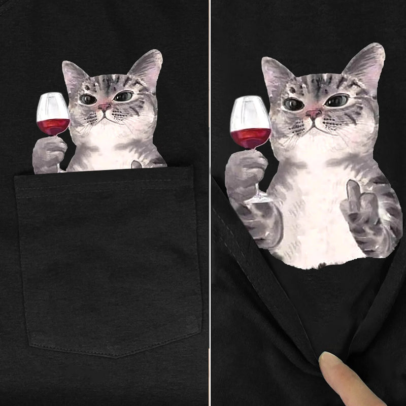 the POCKET CAT - Cat Middle Finger Casual Pocket Cotton T-Shirts