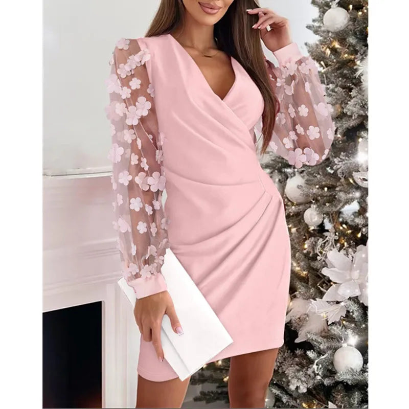 the TIFFANY - Solid Color Lace Long Sleeved V-Neck Waist Hugging Dress