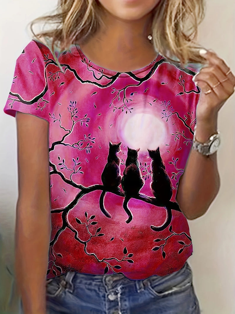 the CUTE TABBY - Cute Cat Print O-Neck Tops Casual Short Sleeve T-Shirt