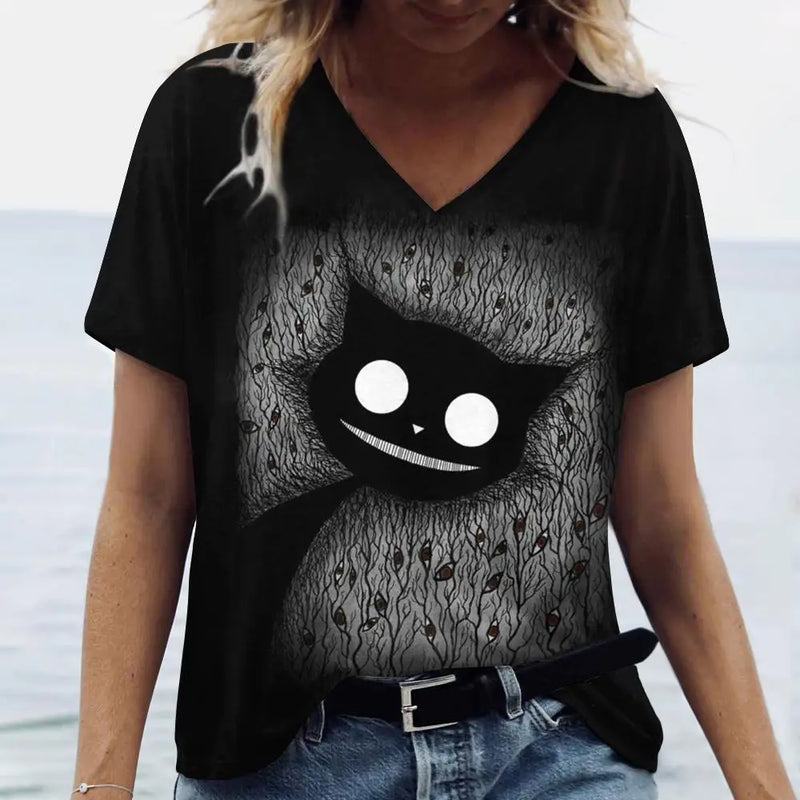 the SHADOW BLACK CAT - Cute Cat Pattern Print V-Neck Short Sleeve Fashion T-Shirts for Women