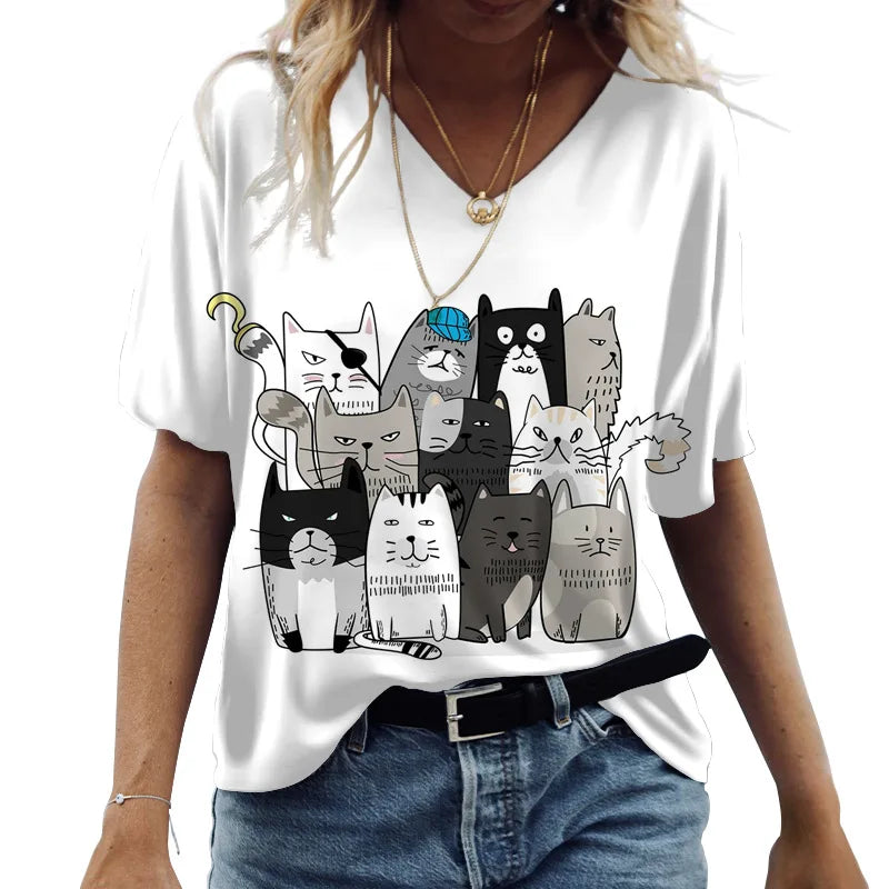 the JAZZ CATS - Cartoon Cat Print Summer Short Sleeve V-Neck Fashion Casual T-Shirts for Women