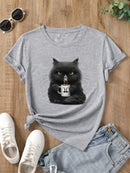 the GRUMPY COFFEE CAT - Cute Coffee Drinking Cat Short Sleeved O-Neck Casual T-Shirt for Women