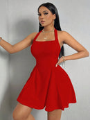 the DONNA - Solid Color Sleeveless Low-Cut Mini Dress