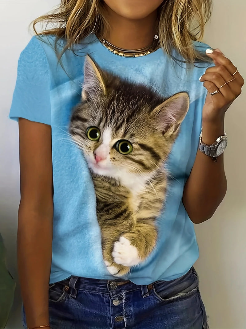 the CUTE TABBY - Cute Cat Print O-Neck Tops Casual Short Sleeve T-Shirt