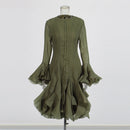 the COURTSY - Solid Spliced Button Slimming Dresses for Women, O-Neck Long Sleeve High Waist Patchwork Ruffles Dress