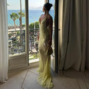 the LEMONELLO - Yellow Sequins Maxi Beach Dress, Women Sexy Backless Slim Party Fishtail Dress, Summer Mesh Patchwork Sheer Holiday Dress