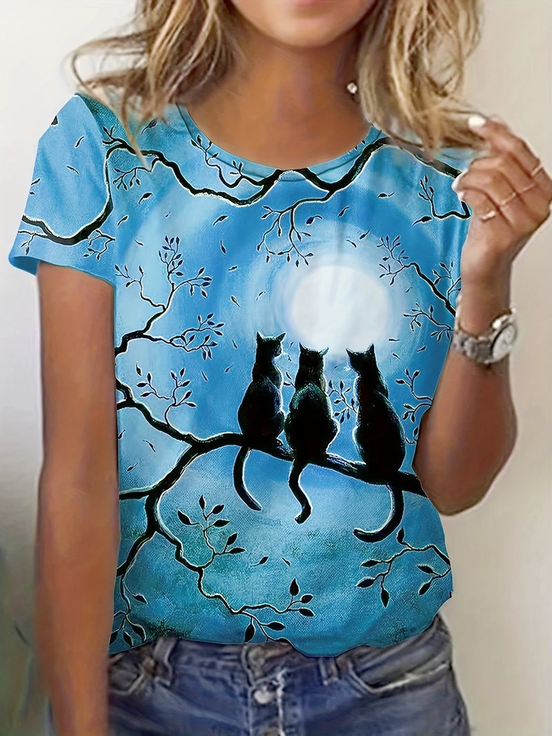 the CUTE TABBY - Cute Cat Print O-Neck Tops Casual Short Sleeve T-Shirt