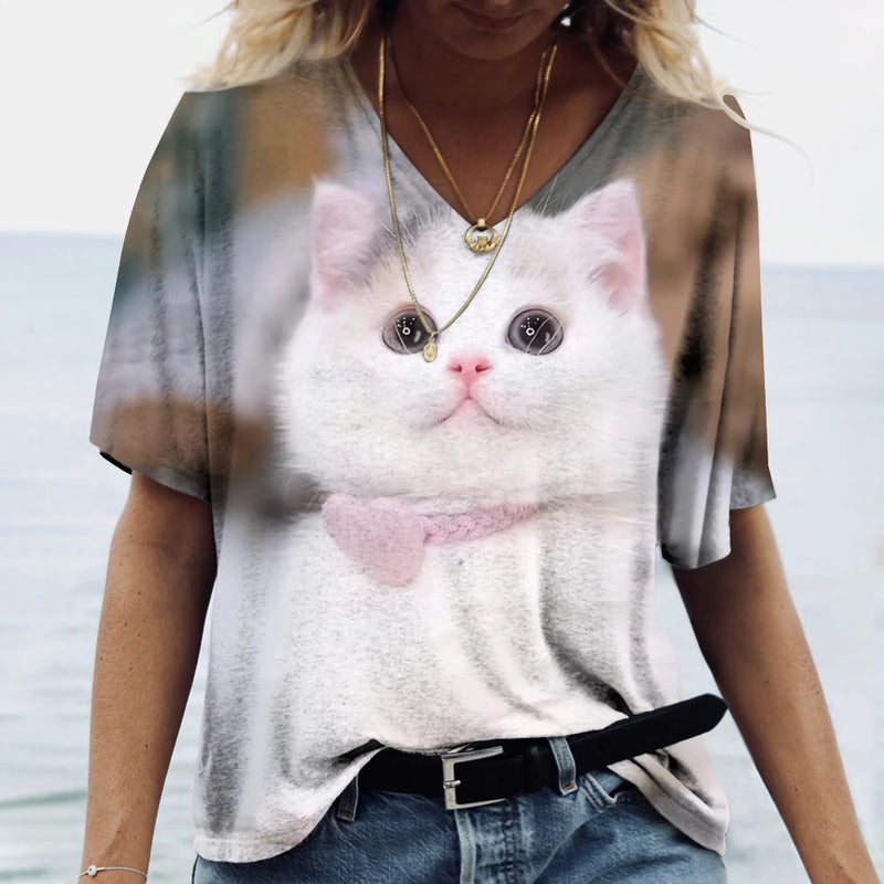 Fashion Woman Blouses 2023 T-Shirt Women's 3d Cats Print Black Kawaii T Shirt Female Clothing Oversized Summer Ladies V-Neck Top