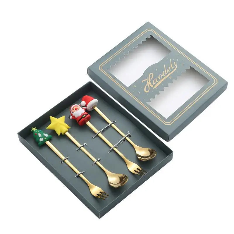 the FANCY SERVING - Christmas Gift Elk Head Christmas Tree Shape Stainless Coffee Spoon Set New Year Christmas Decoration Navidad 2025 Gifts