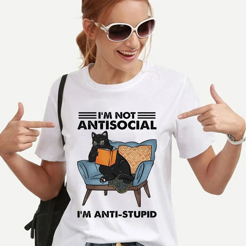 the ANTI-SOCIAL - Funny Cat Reading Book T-Shirt for Women