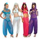 the GENIE IN A BOTTLE - Sexy Goddess Belly Dancer Dress Adult Arabic Dance Costume Jasmine Genie Aladdin Princess Halloween Fancy Women Dress Sets