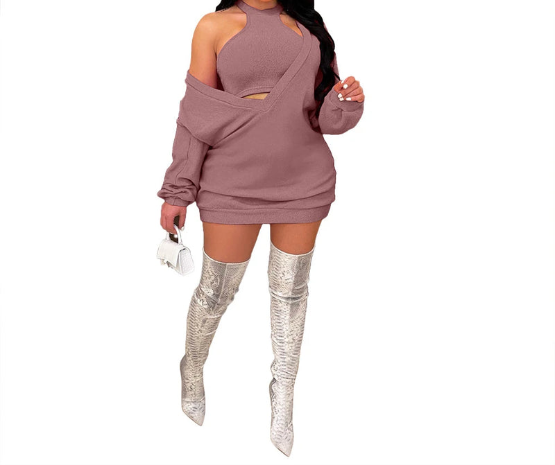 the SUZANNA - Casual Solid Long Sleeve Sweatshirt Dress with Crop Tank Top Knitwear Shirt