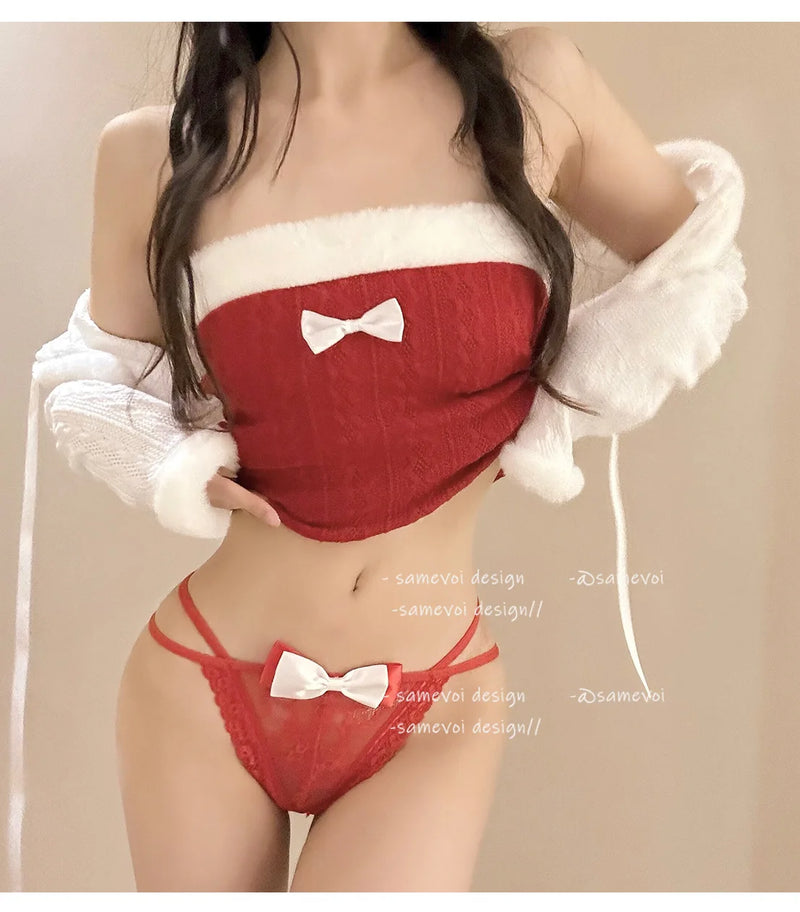 the BUNNY BOOTIE - Sexy Bow Plush Ball Christmas Panty Sweet Underwear Lace See Through Thong Lingerie G-String