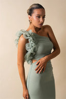 the CASCADE - Shoulder Floral Mesh Ruched Sexy Maxi Dress for Women, Gown Oblique Shoulder Sleeveless Backless Bodycon Long Dress