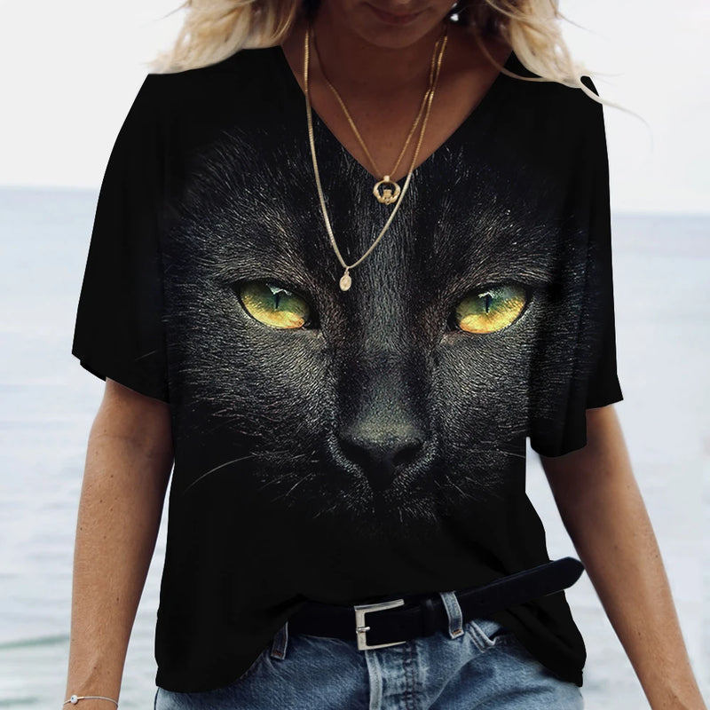 the BLACK CAT EYES - Cat 3D Print Short Sleeve V-Neck Oversized T-Shirt Tops for Women