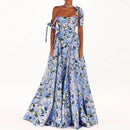 the BLUE IRIS - Women Fashion Floral Print Hem Maxi Dress, Spring Square Collar Lace-Up Sling Long Dress, Summer Backless Hollow Boho Dress