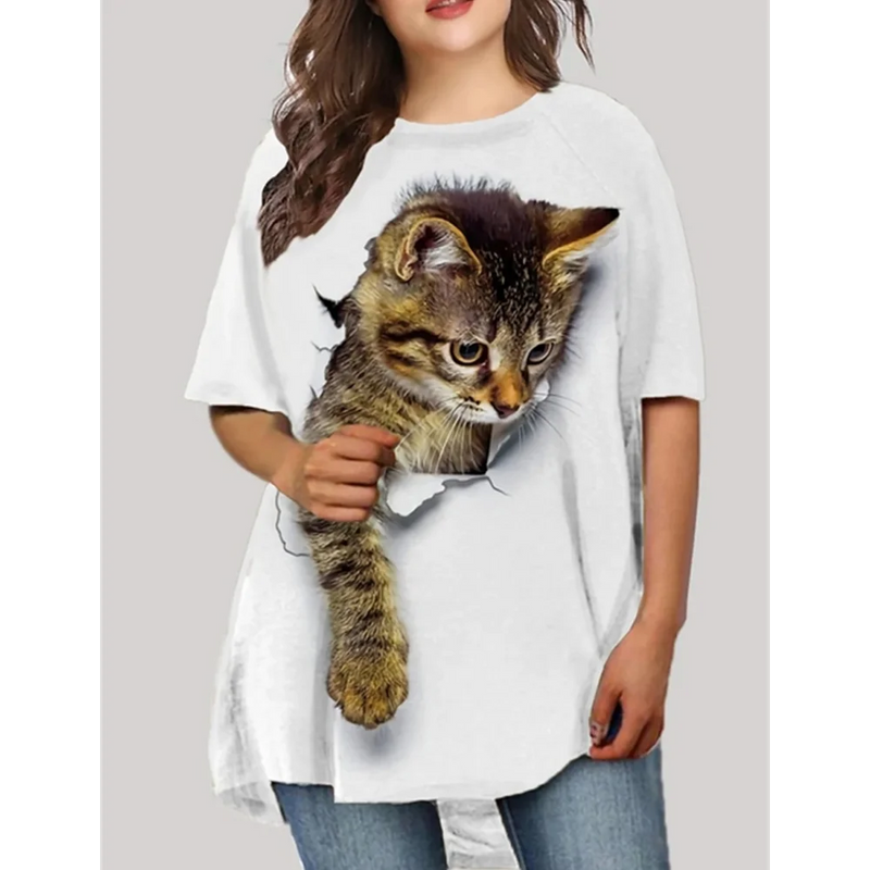 the CAT LOVER - Oversized 3D Print Cat Graphic Loose Streetwear O-Neck Short Sleeves T-Shirts for Women