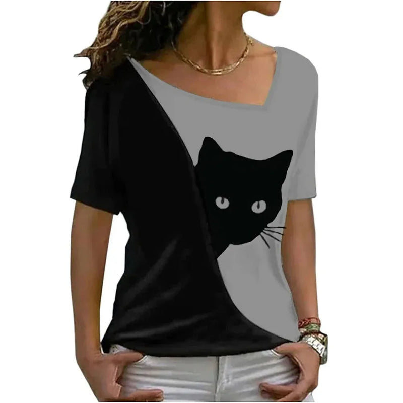 Summer Kitten Cat 3D Print T-Shirts Women Irregular V-Neck Short Sleeve T Shirt Harajuku Tees Oversized Y2k Tops Female Clothing