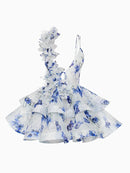 the BALLERINA - Flower Print Fluffy, Women's Lace Up Slimming Strap Party Gown Pleated Skirt Hemline Halter Beach Suspender Dresses