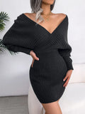 the GABRIELLA - Sexy Deep V Neck Sweater Dress Fashion Casual Batwing Sleeves Pencil Skirt Wrap Hip Dresses