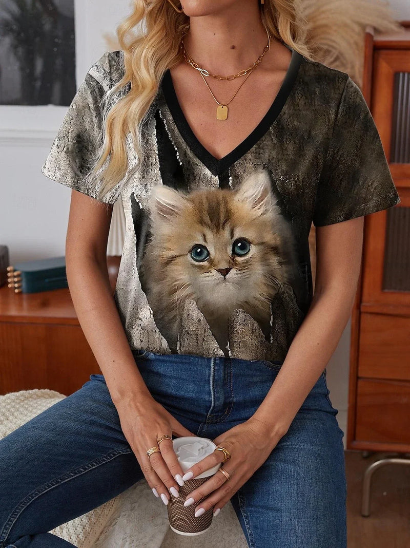 the MOON CAT - Cat Printed Short Sleeve Oversized V-Neck T-Shirts for Women