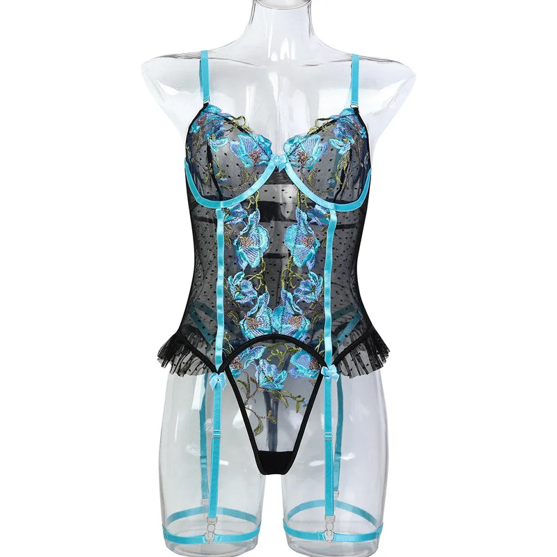 the BLUE ORCHID - Sexy Lingеrie Floral Embroidery Attractive Suspenders Bra Set Women Sex Underwear Fancy Hot Corset Intimate