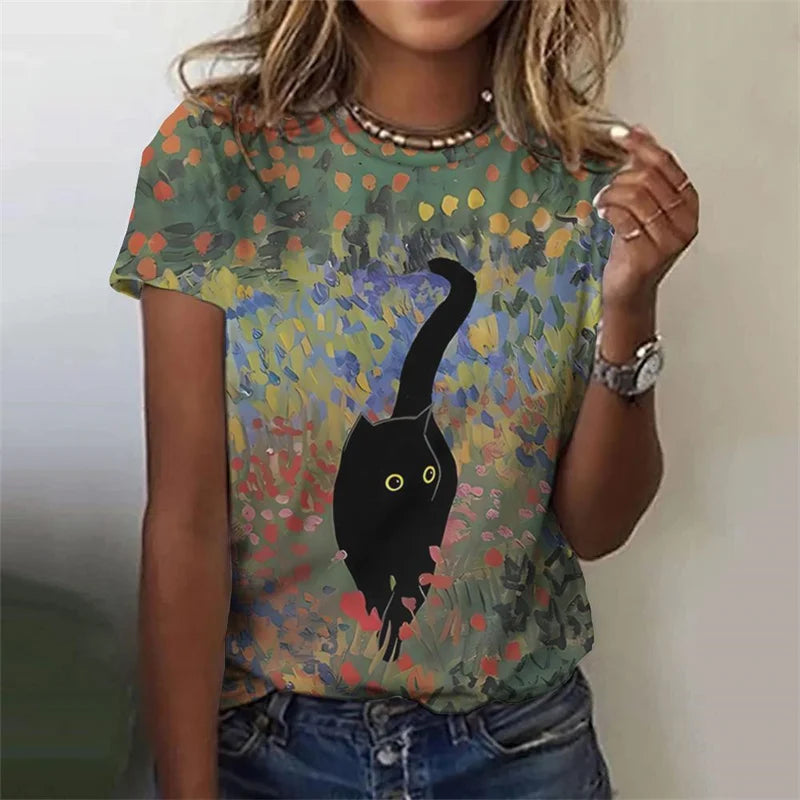 the PAINTED CAT - Flower Cat 3D Print Casual Fashion Short Sleeve O-Neck T-Shirts for Women