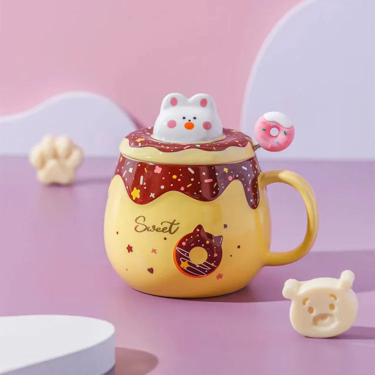 Cute Donut Ceramic Coffee Mug with 3D Animal Cat Lid and Stirrer, Kids Water Cup, Creative, Large Capacity, Gift for Girl, 400ml