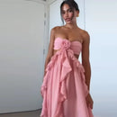 the PINK PRINCESS - Flounce Flower Pink Ladies Dinner Maxi Dress, Elegant Strapless Backless Pleat Sleeveless Sexy Spring New Chic Splicing Gown