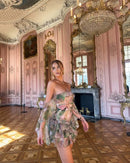 the ELEGANT ROSE - Chiffon Ruffle Dress for Women, Fashion Print Mini A-Line Holiday Party Dresses, Summer Sexy Backless Strapless Dress