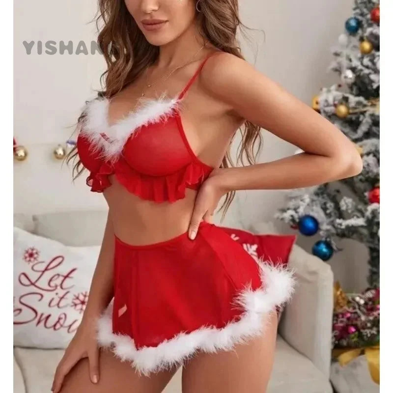 the SEXY SANTA - Christmas Erotic Costumes Sexy Women Lingerie Bra Skirt Thong Suit Plus Size Underwear High Waist Sleepwear Intimate Outfit