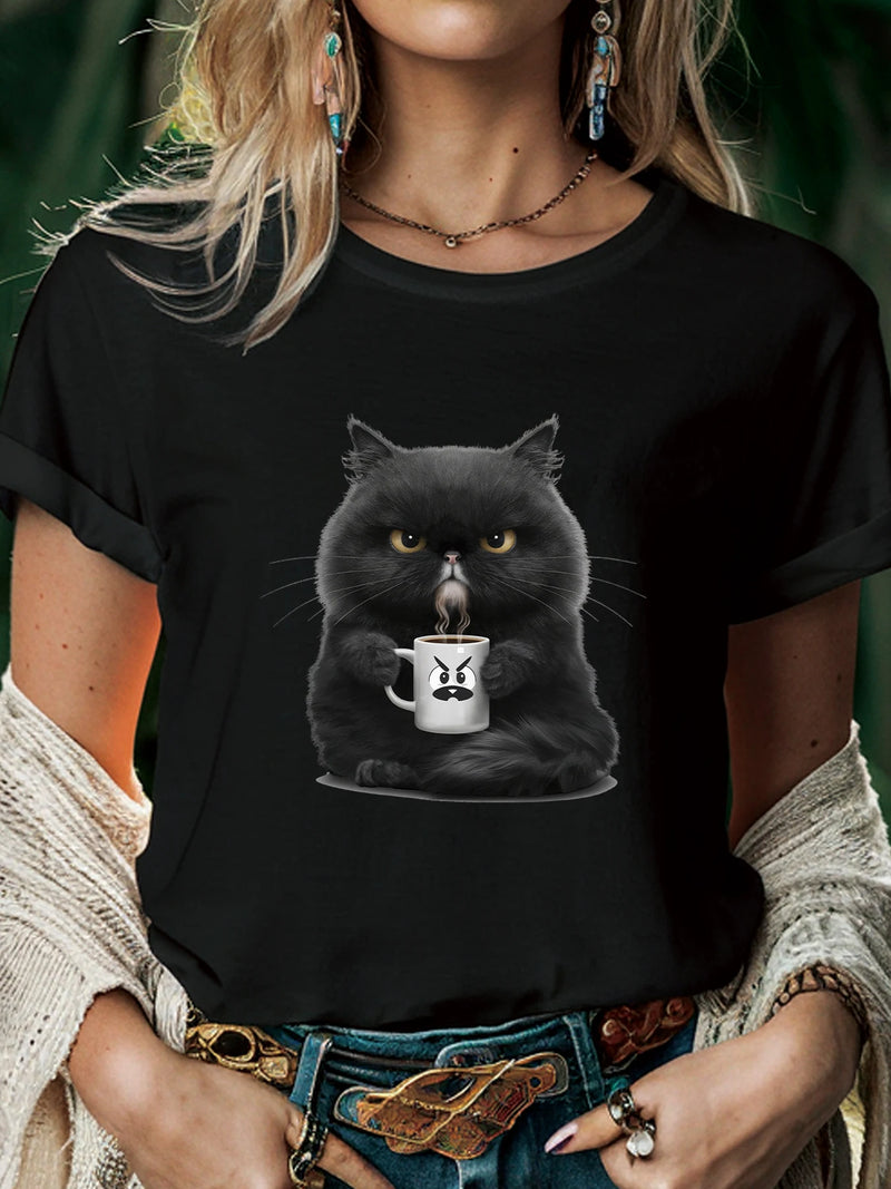 the GRUMPY COFFEE CAT - Cute Coffee Drinking Cat Short Sleeved O-Neck Casual T-Shirt for Women