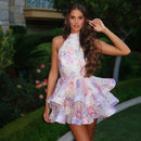 the FRENCH GIRL - Chic Floral Printed Mini Dress Backless Sleeveless Hem Stacking Dresses Sweet A-Line Party Club Clothing